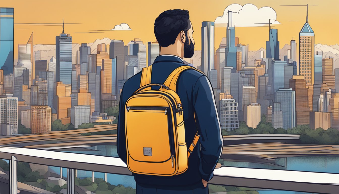 A man's branded sling bag rises above a city skyline, with a sleek design and modern aesthetic