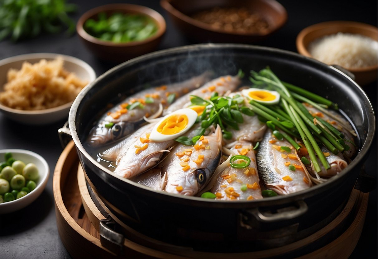 A bamboo steamer filled with fresh whole fish, ginger, scallions, and soy sauce. A wok with boiling water underneath