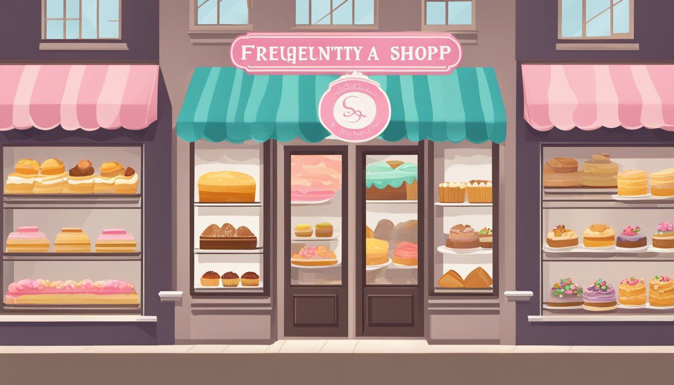 A colorful bakery storefront with a large sign reading "Frequently Asked Questions cake shop." Display cases show off a variety of beautifully decorated cakes and pastries