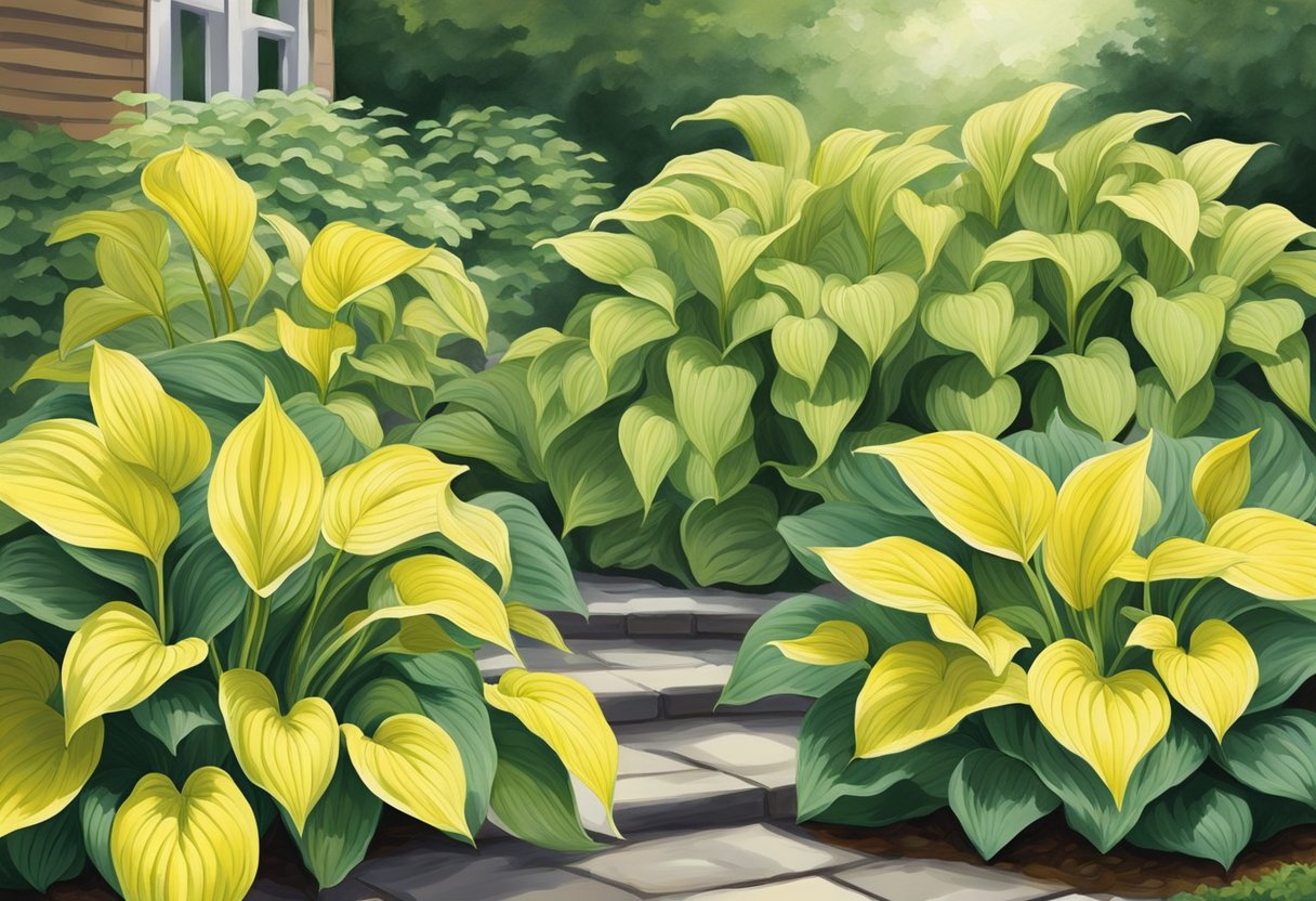 Lush green hostas fade to yellow, their leaves drooping and wilting in a shaded garden