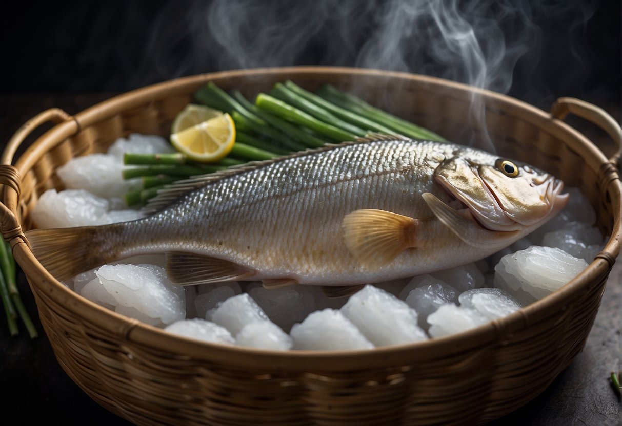 A whole fish lies on a bed of ginger and scallions in a steaming basket, surrounded by steam rising from the pot