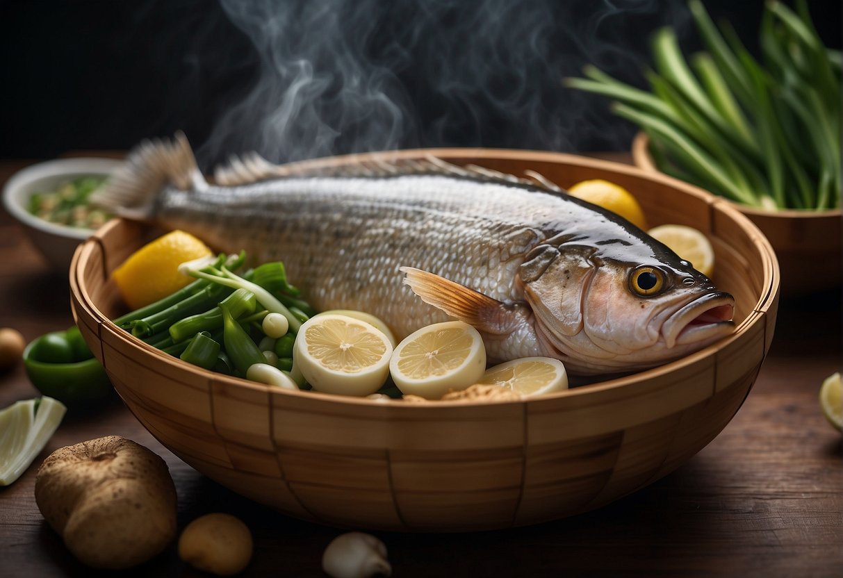 A whole fish being steamed in a bamboo steamer, surrounded by ginger, green onions, and soy sauce