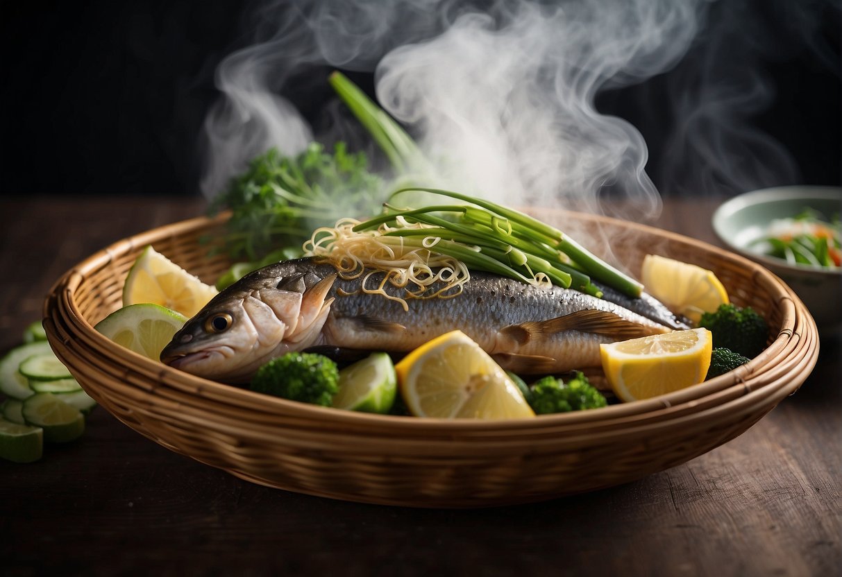 A steaming bamboo basket holds a whole fish topped with ginger, scallions, and soy sauce, surrounded by a cloud of steam