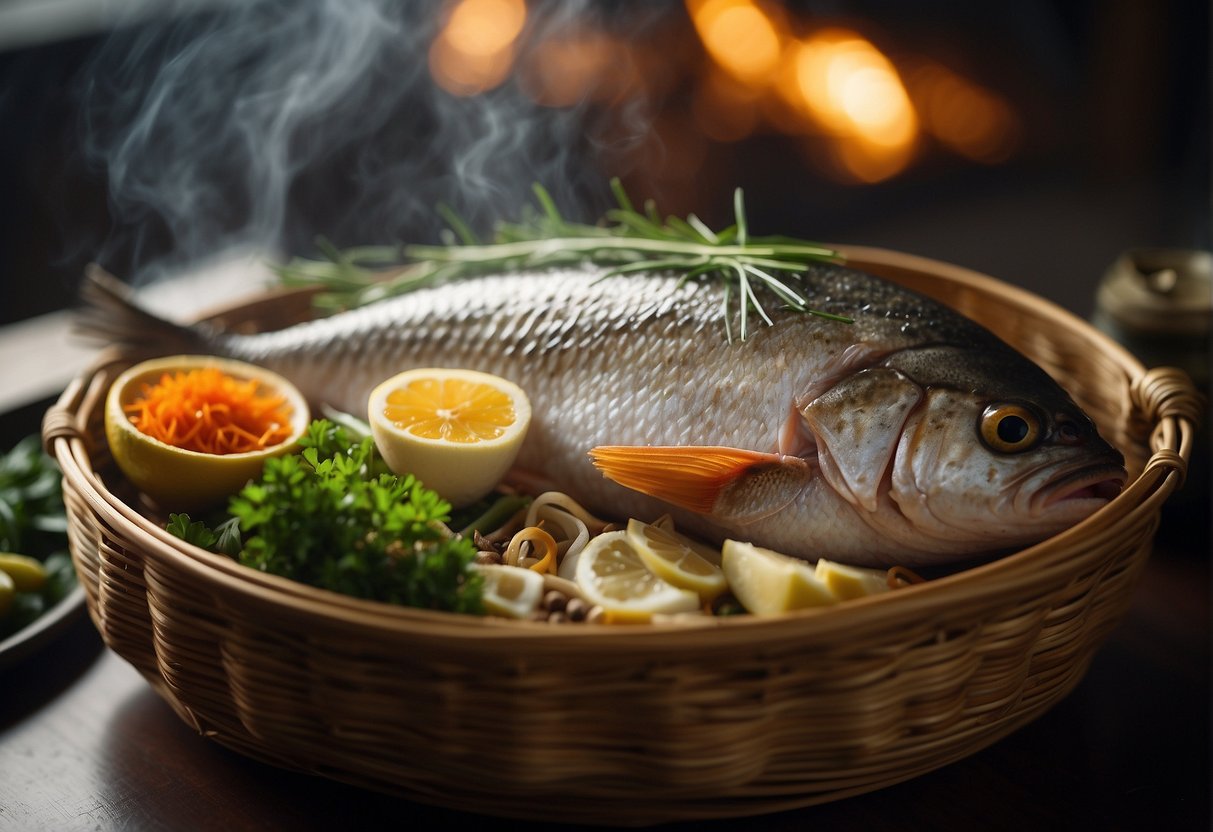 A steaming bamboo basket filled with whole fish, surrounded by aromatic herbs and spices. A pair of chopsticks rests on the side, ready to serve