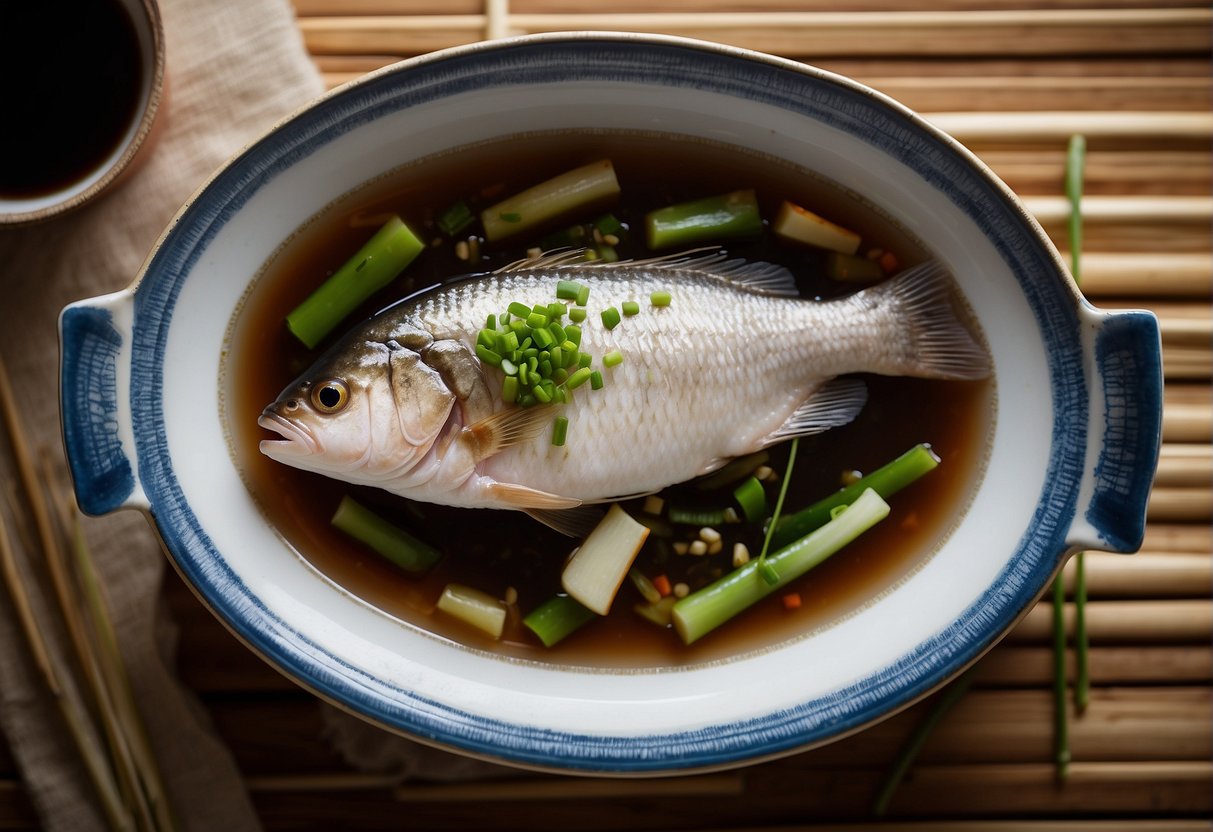 A whole fish, steamed in a bamboo steamer, topped with a savory soy sauce, ginger, and scallion mixture