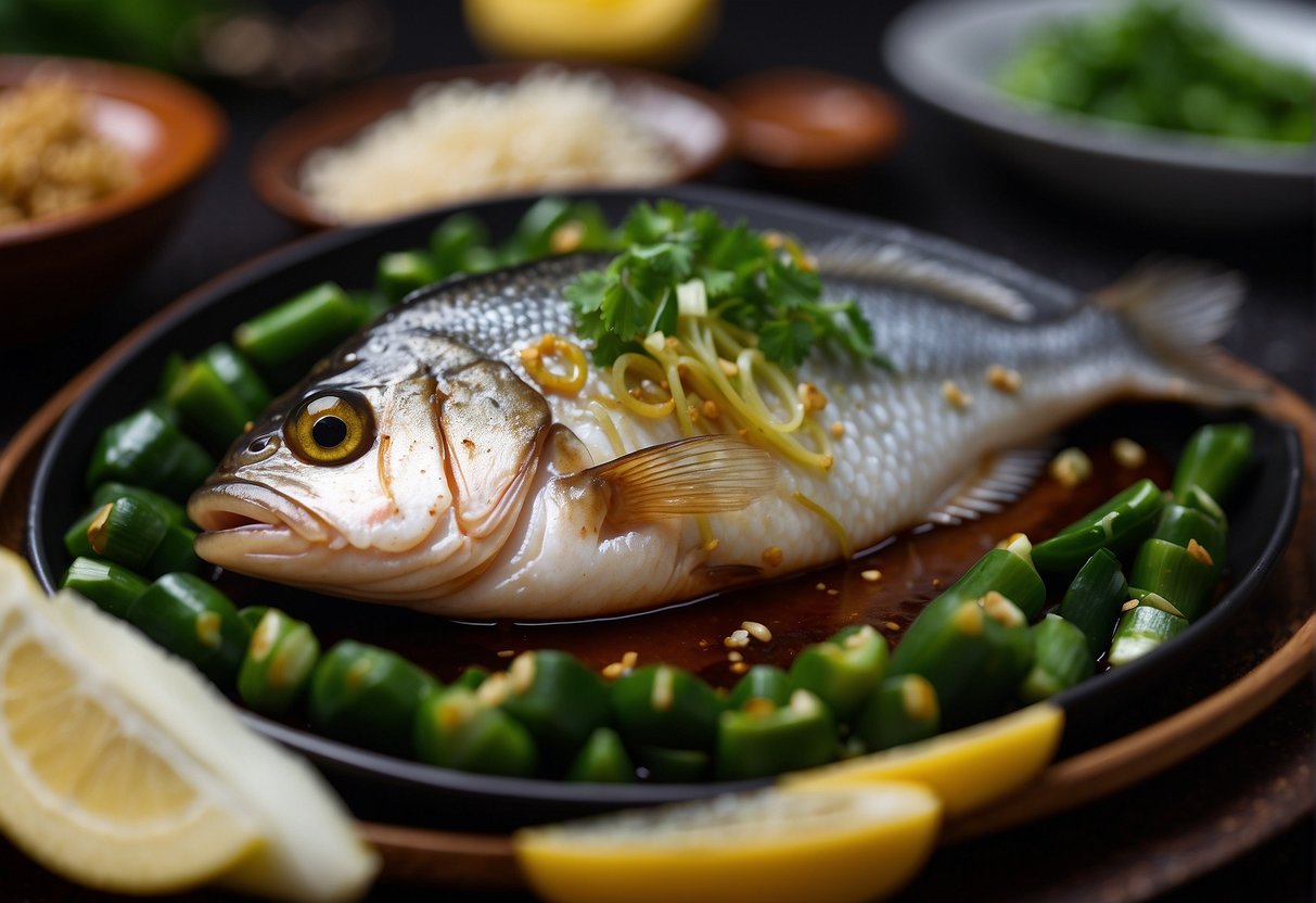 A whole fish resting on a bed of sliced ginger and scallions, with a drizzle of soy sauce and hot oil