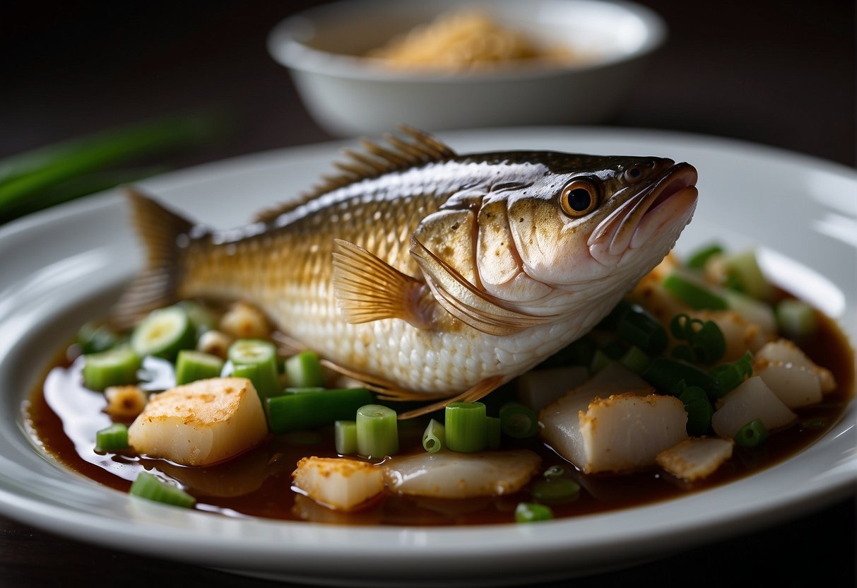 A whole fish lies on a bed of sliced ginger and green onions, surrounded by a pool of savory soy sauce mixture in a steaming dish