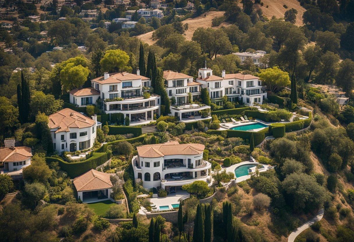 Aerial view of opulent homes nestled in the hills of Los Angeles, surrounded by lush greenery and overlooking the city skyline