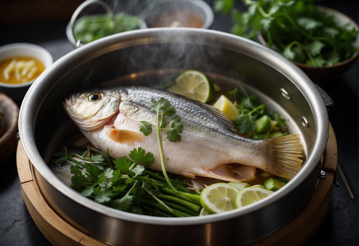 A whole fish, surrounded by ginger, scallions, and cilantro, is being steamed in a bamboo steamer over a pot of boiling water