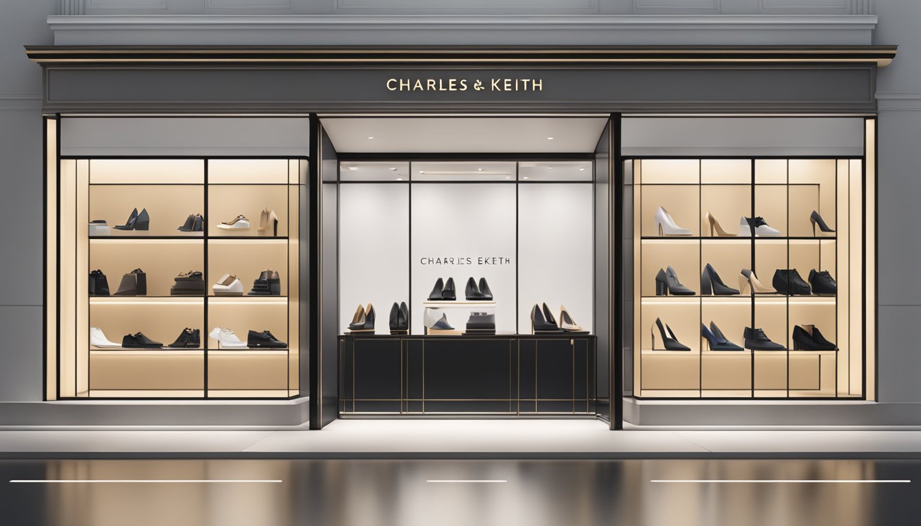 A sleek, modern storefront with the Charles and Keith luxury brand logo prominently displayed. Elegant, minimalist interior with shelves of high-end shoes and accessories