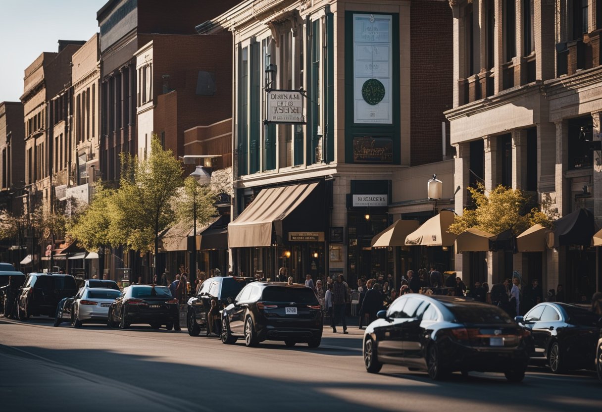 A bustling street lined with diverse restaurants, each emitting delicious aromas and inviting ambience near downtown Kansas City