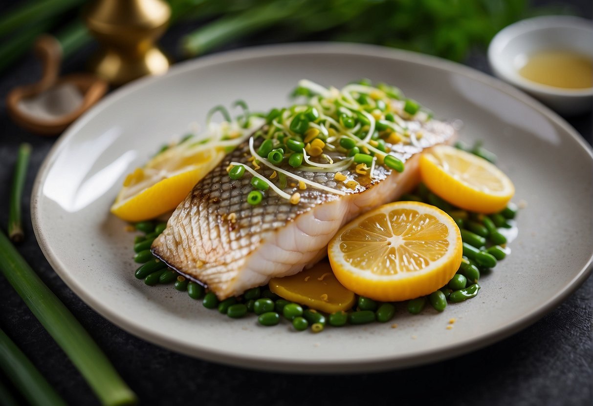 A steamed fish sits on a platter, surrounded by vibrant green scallions and ginger slices. A fragrant sauce is drizzled over the top, adding the finishing touch
