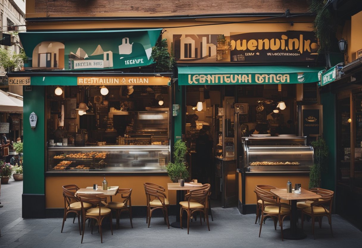 A bustling city street with diverse restaurant signs and vibrant outdoor dining. A mix of international cuisines, from Mexican to Italian, line the downtown area