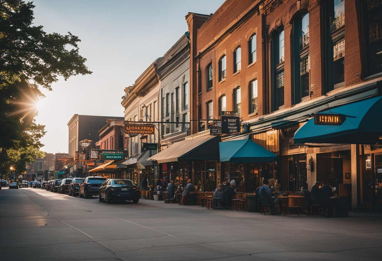 A bustling street lined with vibrant bars and lounges near downtown Kansas City, with colorful signage and inviting outdoor seating