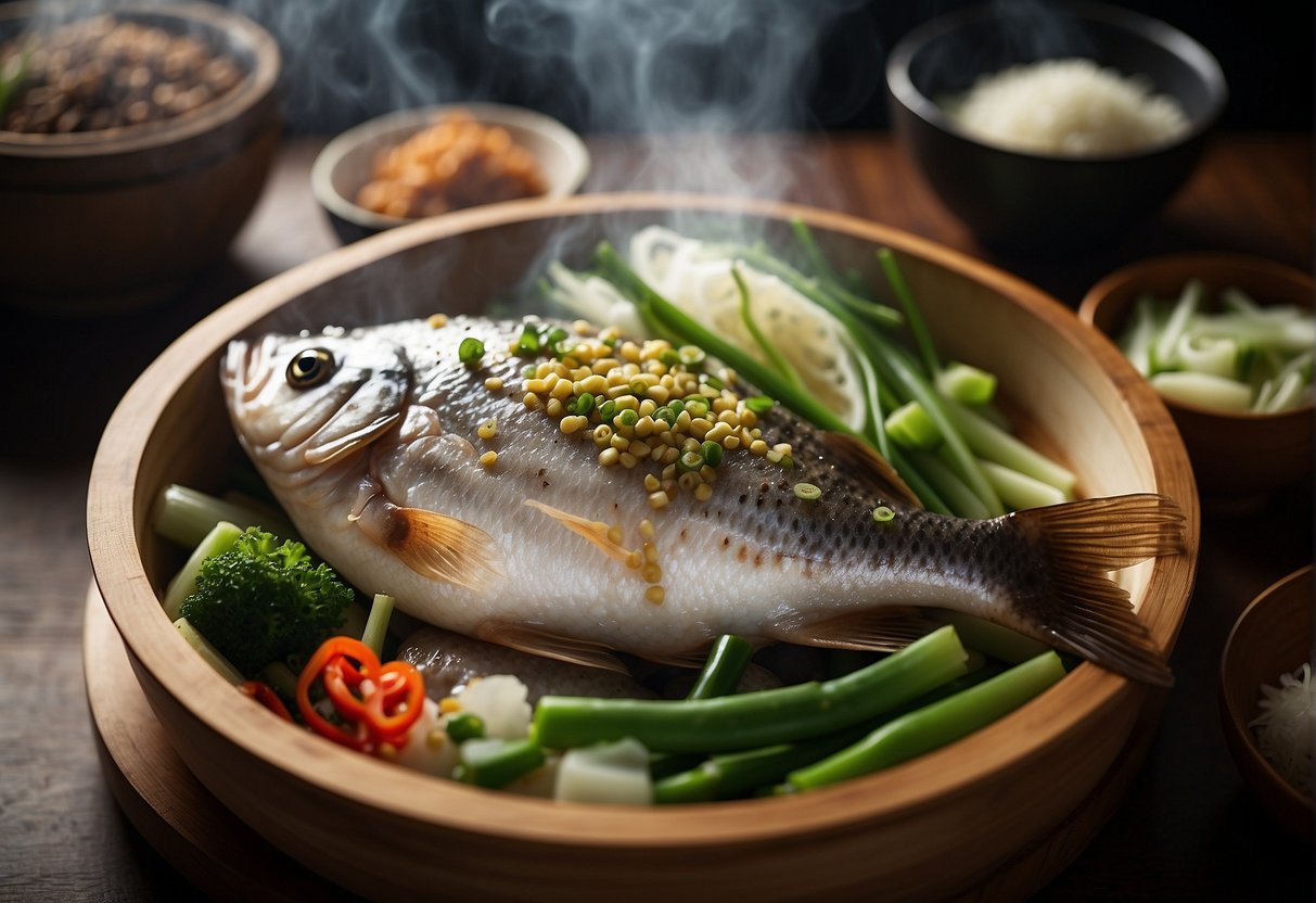 A whole fish steaming in a bamboo steamer, with soy sauce, ginger, and green onions sprinkled on top
