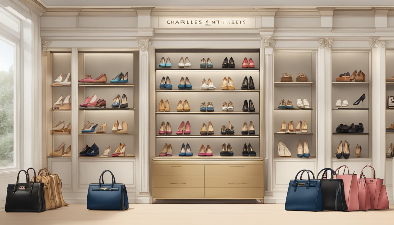 A display of vintage shoes and bags, with a timeline of Charles and Keith's brand milestones in the background