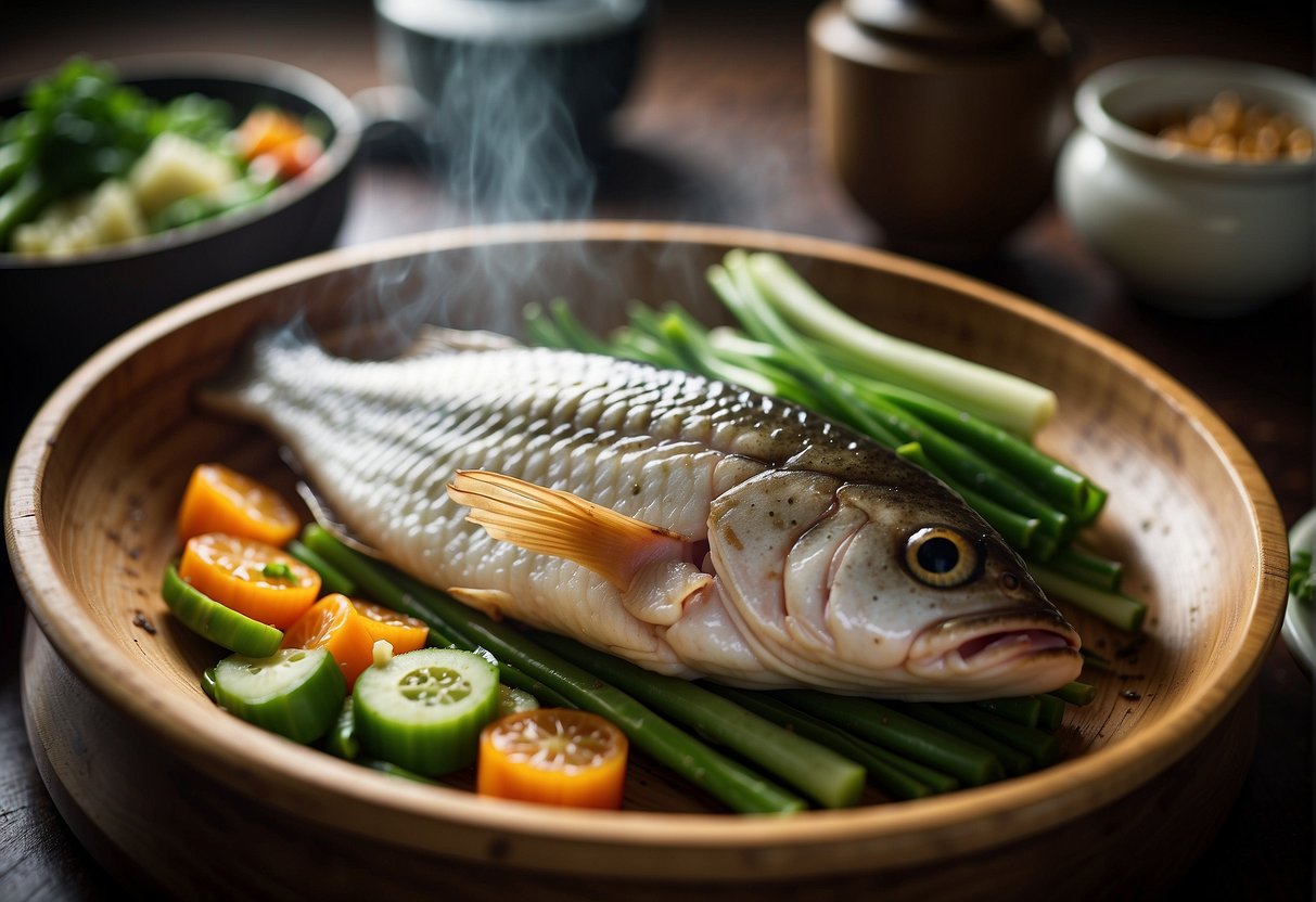A whole fish, steamed in a bamboo steamer, drizzled with soy sauce, ginger, and green onions, with a side of steamed vegetables