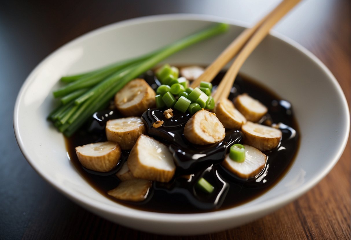 A small bowl filled with soy sauce, ginger, garlic, and green onions, ready to be poured over a perfectly steamed Chinese fish