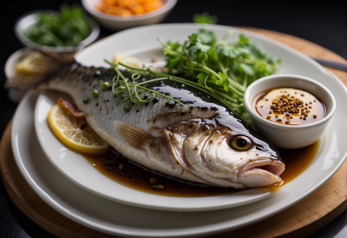 A whole fish is placed on a plate and drizzled with soy sauce. The plate is then put into a steamer and cooked until the fish is tender and flaky