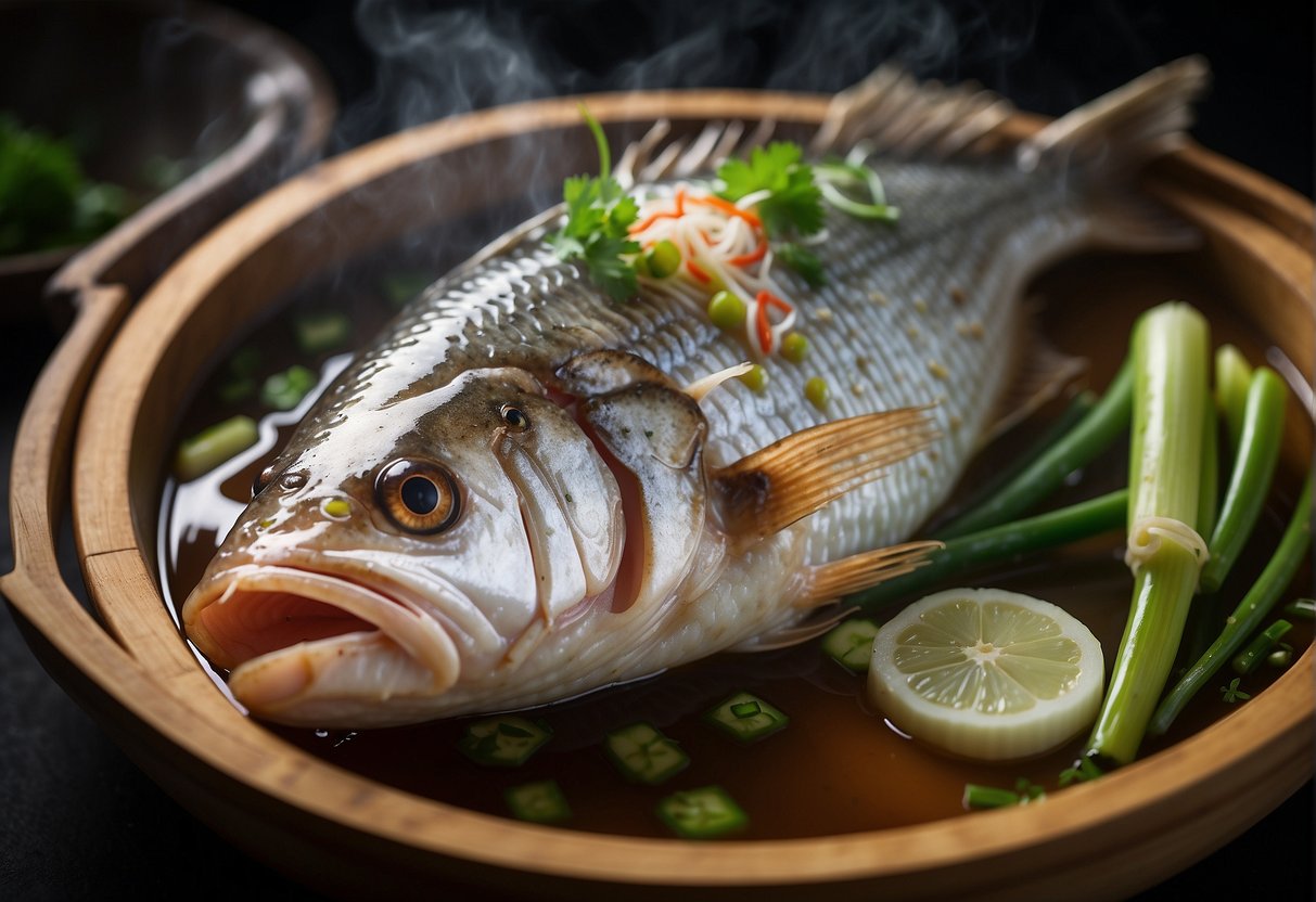 A whole steamed fish, garnished with ginger and green onions, sits in a shallow dish with soy sauce drizzled over it. The dish is placed on a bamboo steamer, surrounded by steaming hot water