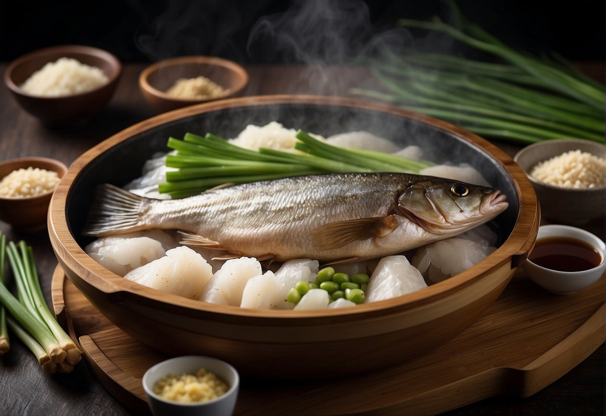 A whole fish steaming in a bamboo steamer, surrounded by bowls of soy sauce, ginger, and green onions. A printed nutritional information label is placed next to the fish