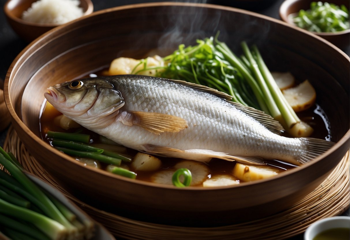 A whole fish steaming in a bamboo steamer, surrounded by bowls of soy sauce, ginger, and green onions