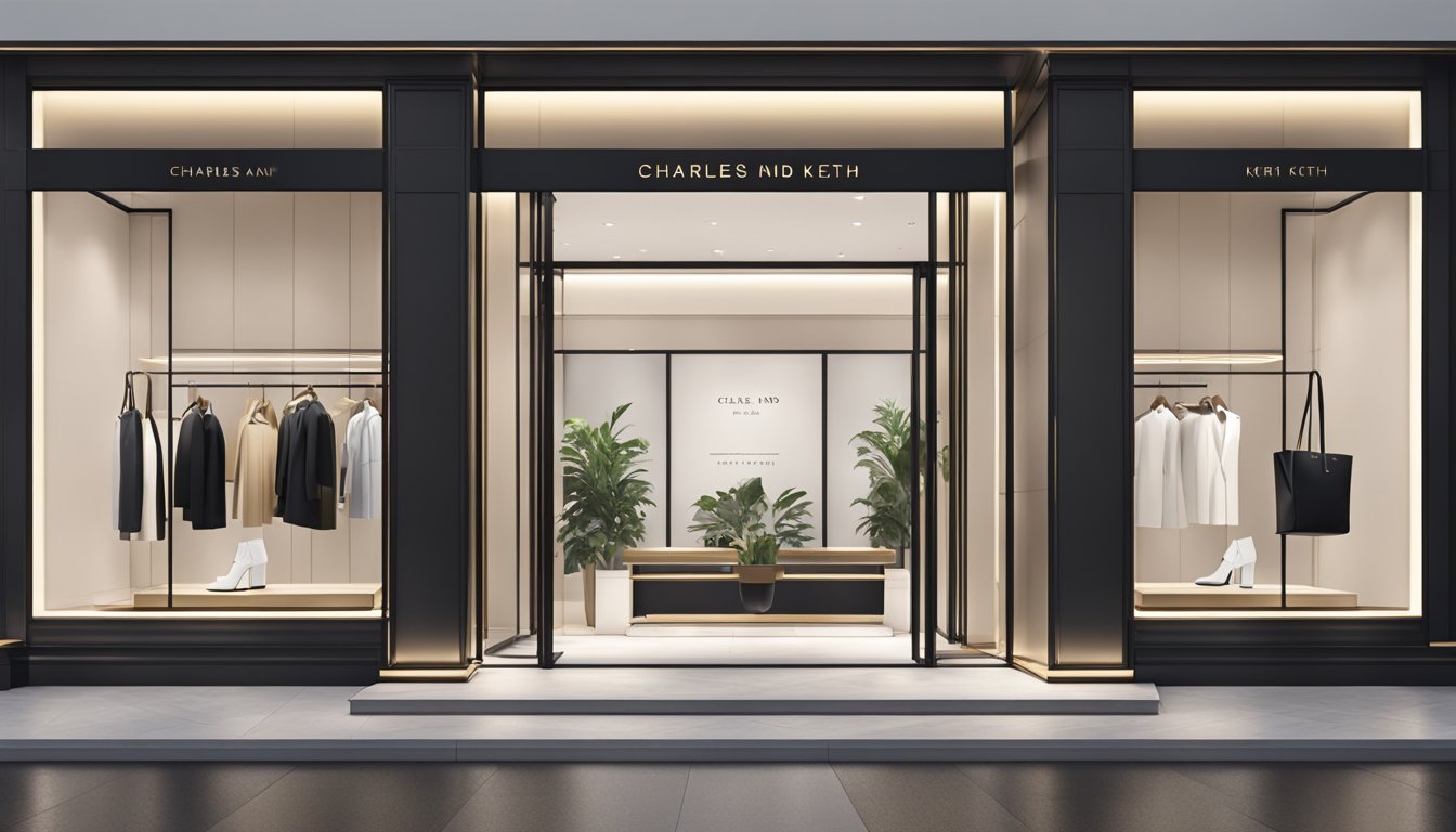 A sleek and modern storefront with the Charles and Keith logo prominently displayed. Luxurious interior with minimalist decor and elegant product displays