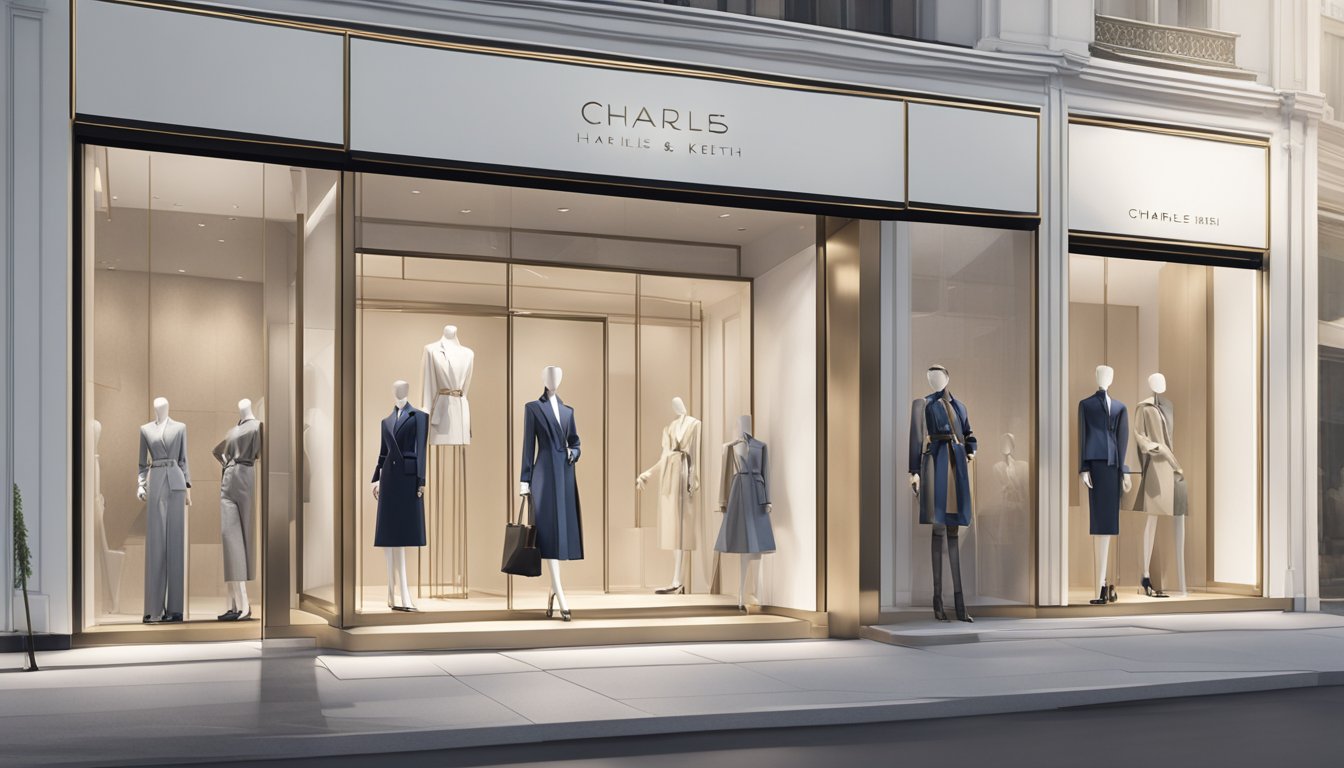 A sleek, modern storefront with the Charles and Keith luxury brand logo prominently displayed. Mannequins dressed in the latest fashion styles stand in the window, drawing in passersby