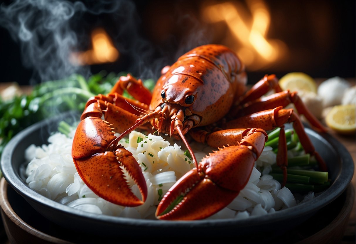 A large lobster sits in a steaming basket, surrounded by ginger, garlic, and scallions. Steam rises from the pot, filling the air with a tantalizing aroma