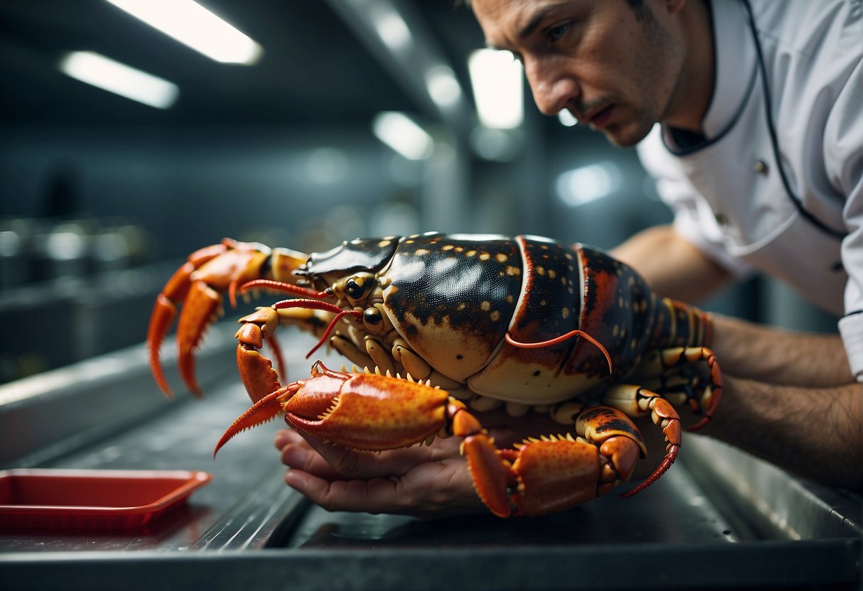 A chef carefully selects a live lobster from a tank, holding it up to inspect its size and quality before preparing it for a Chinese steamed recipe