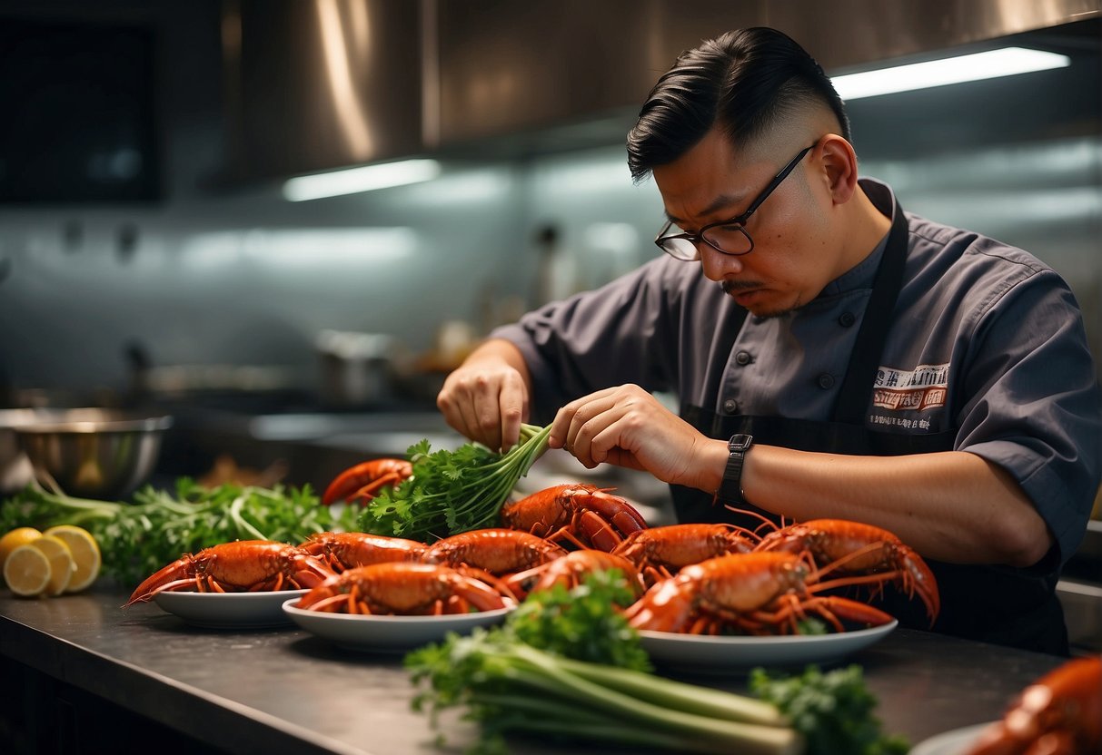 A chef cleans and cuts fresh lobster, ginger, and scallions for a Chinese steamed lobster recipe