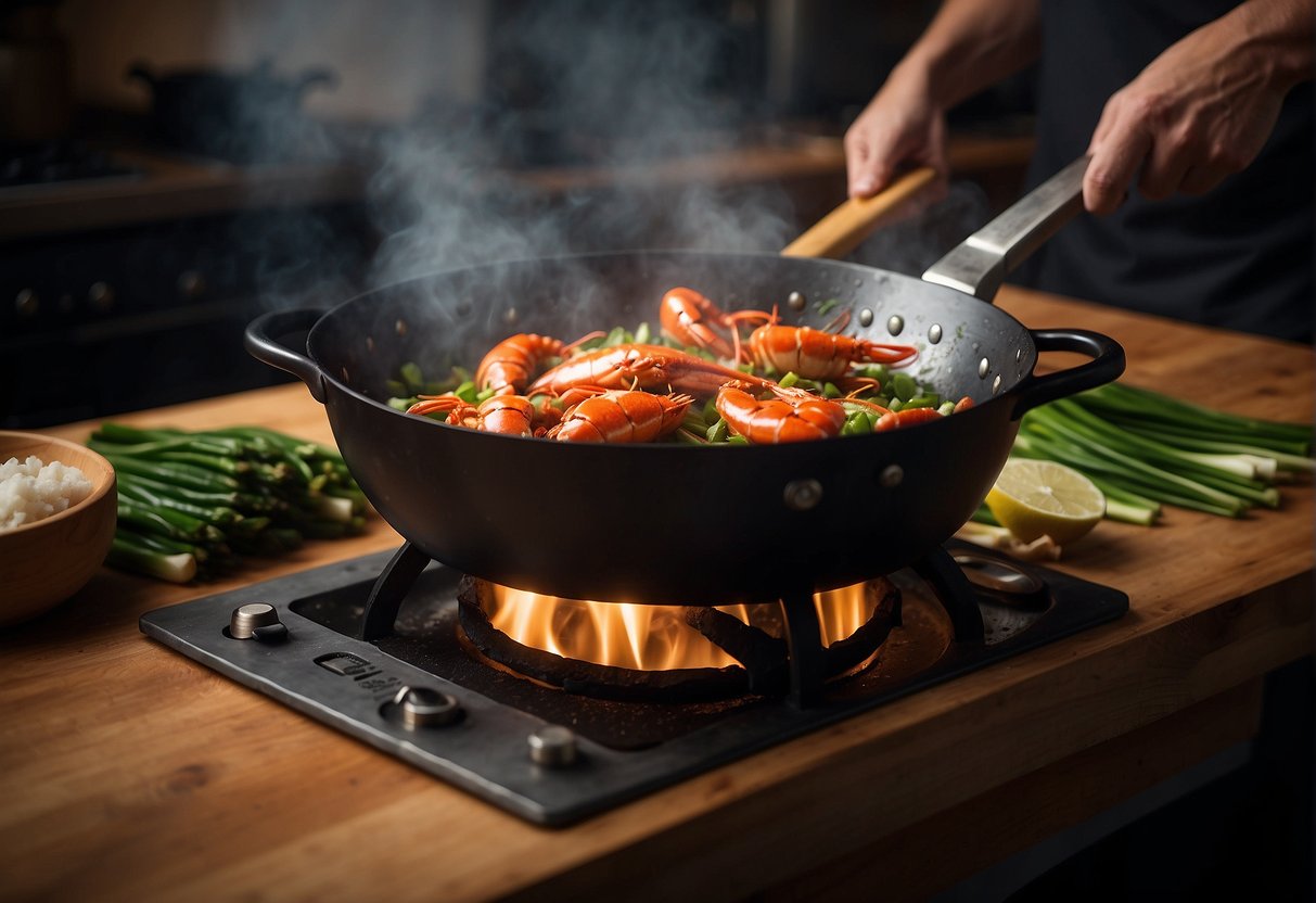 A large wok sizzling over a high flame, with fresh ginger, garlic, and scallions being chopped on a wooden cutting board nearby. A live lobster waits in a large pot of boiling water