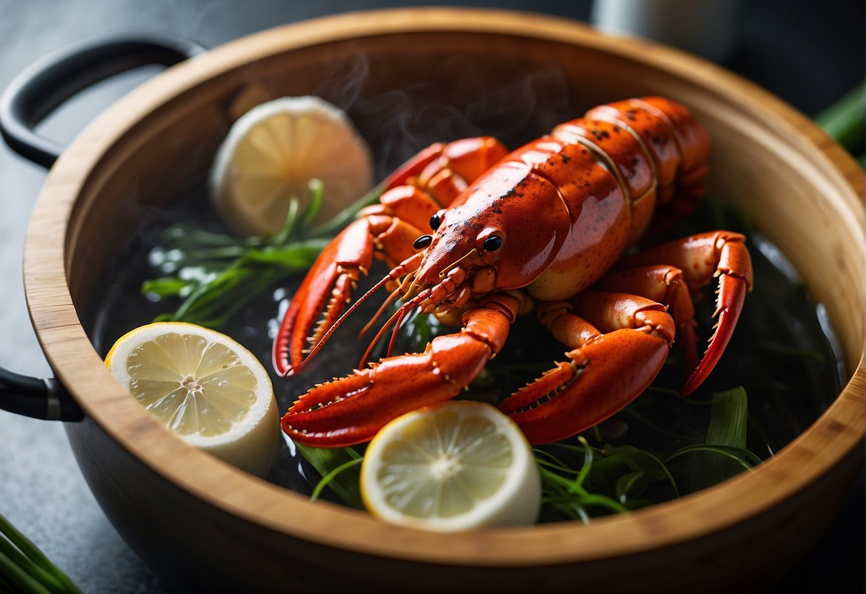 A whole lobster being placed in a bamboo steamer over boiling water, with ginger, garlic, and green onions scattered around