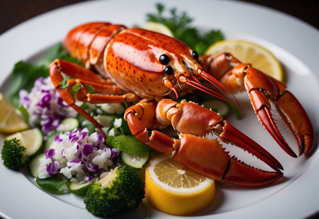 Chinese steamed lobster on a platter with colorful garnishes and vibrant presentation