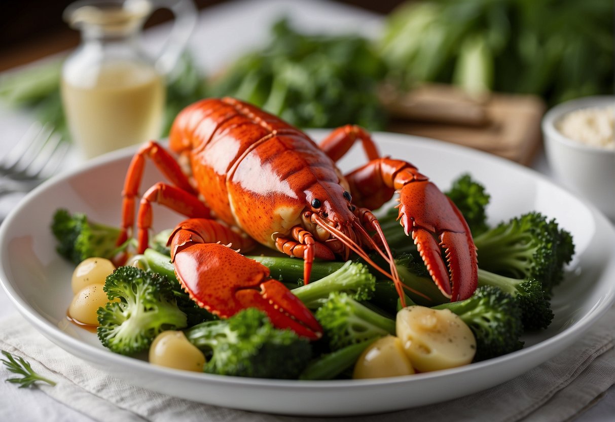 A steamed lobster sits on a bed of green vegetables, with a side of dipping sauce. A small dish displays the nutritional information label