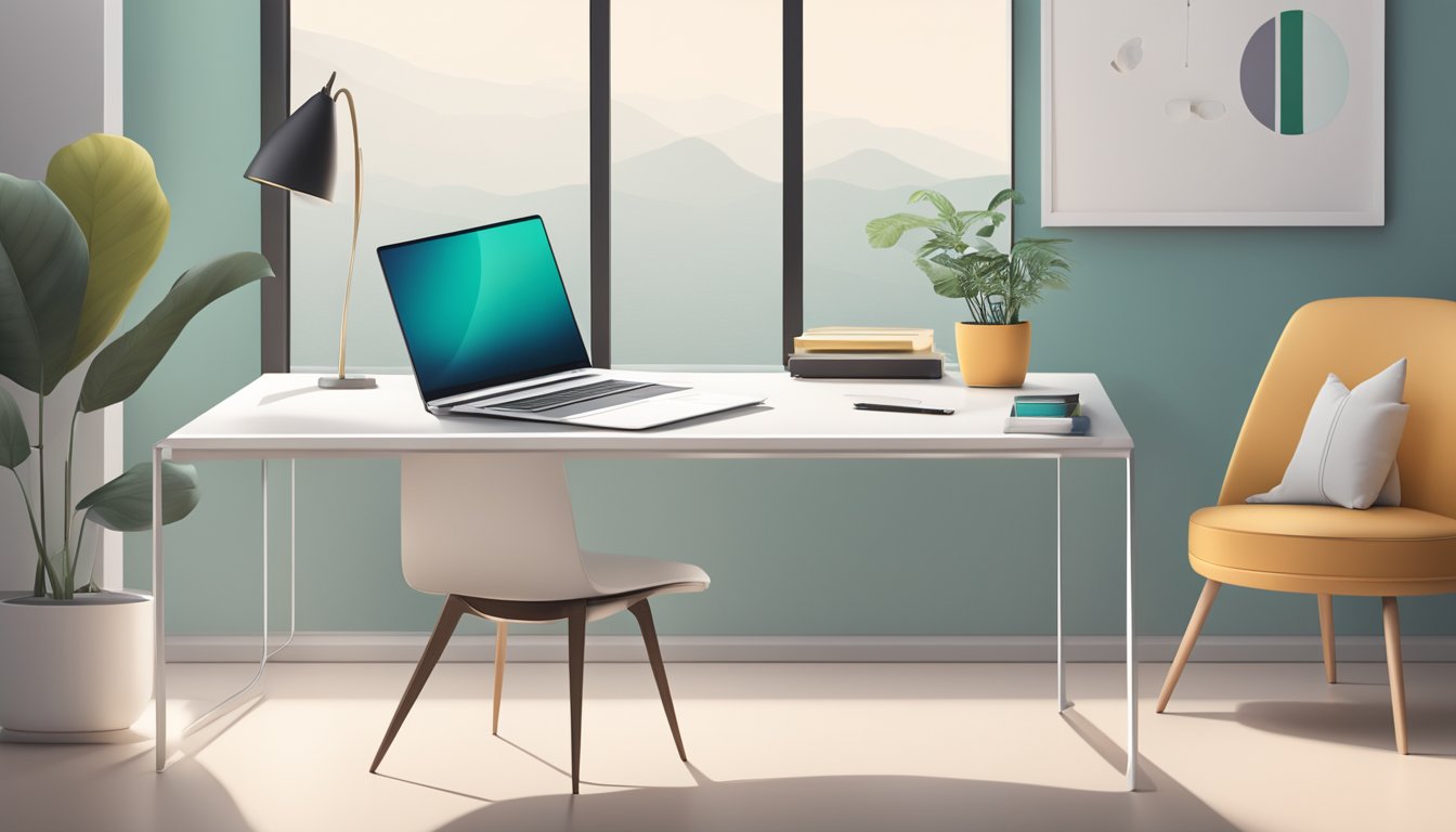 A sleek, modern office desk with a laptop, notebook, and pen. A wall display with the brand's logo and color palette. Clean, minimalist design