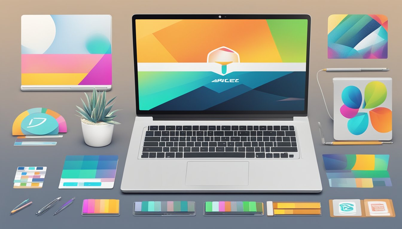 A sleek laptop displaying the brand logo, surrounded by various digital and print design elements, with a color palette and typography guidelines visible
