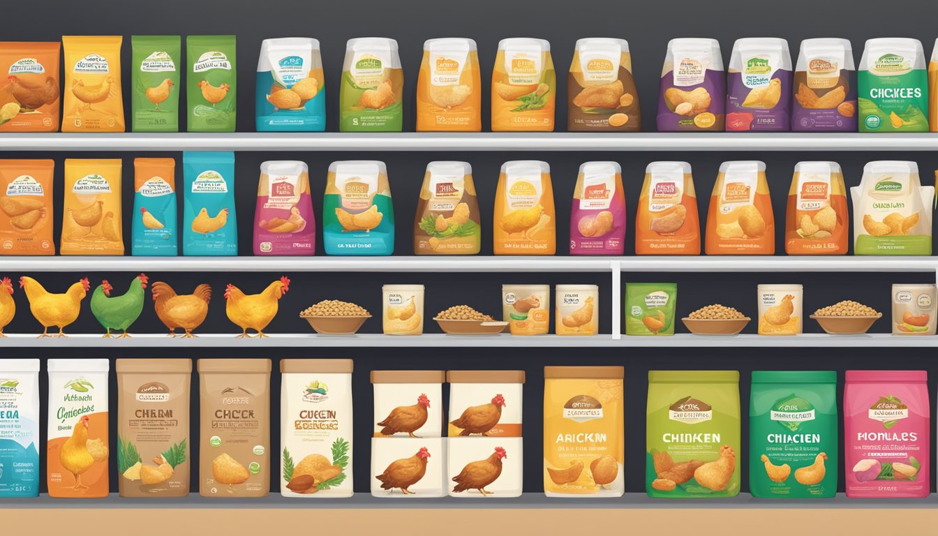 Different chicken brands displayed on shelves with colorful packaging, including organic, free-range, and conventional options