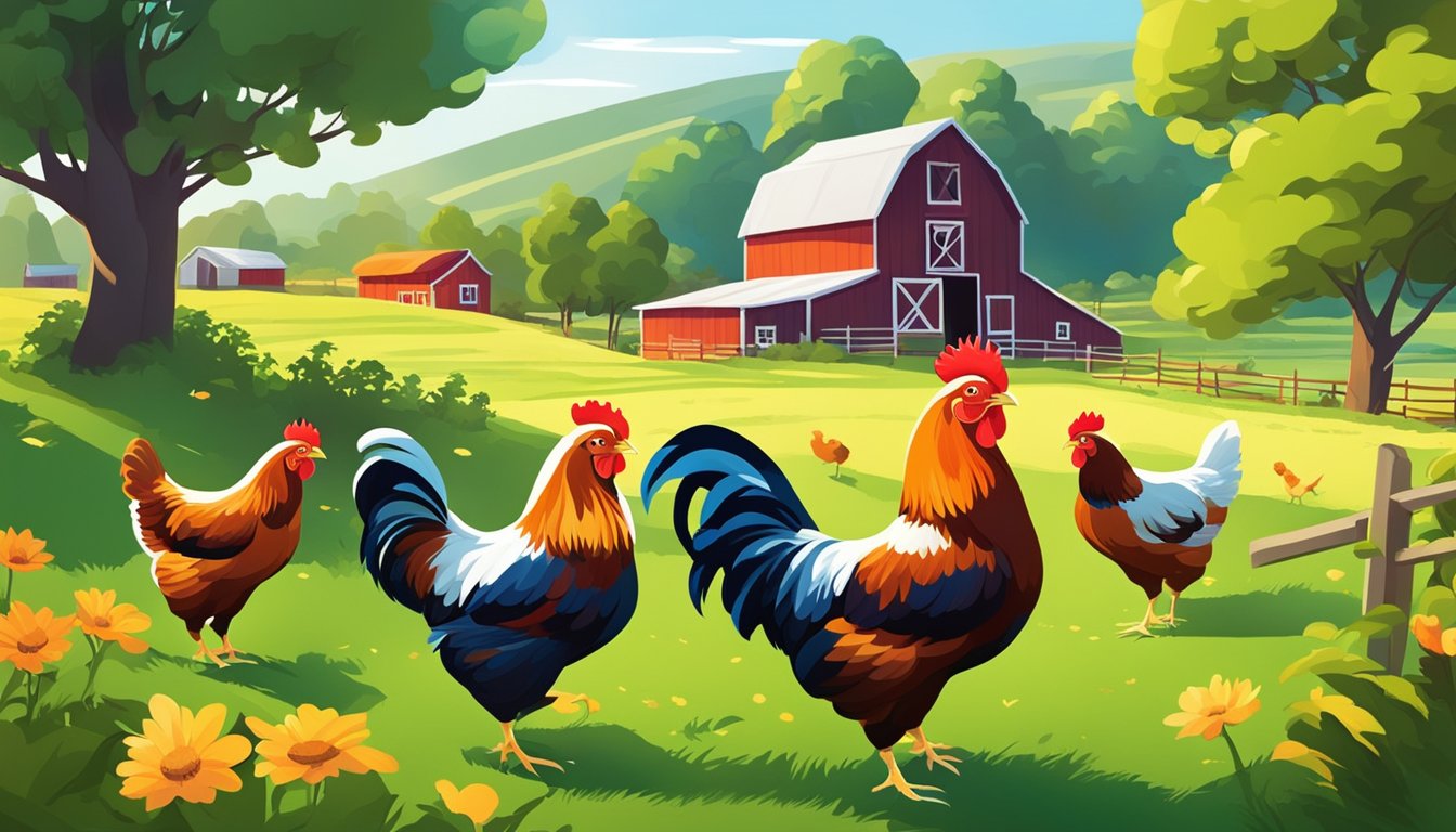 A vibrant, colorful farm scene with happy, free-range chickens roaming in a spacious and clean environment, with lush greenery and plenty of sunlight