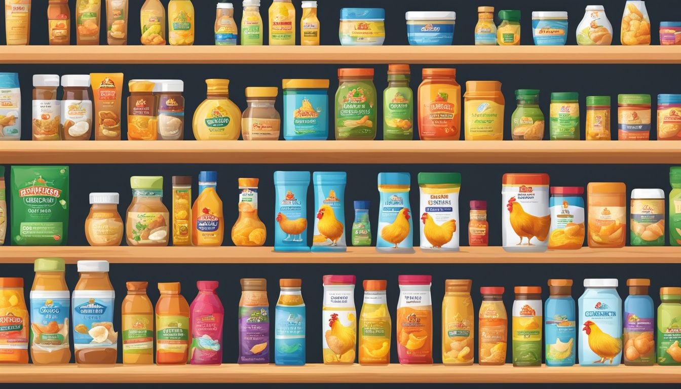 A variety of Chicken Essence Products are displayed on shelves, with different brands and packaging, creating a colorful and vibrant scene for an illustrator to recreate