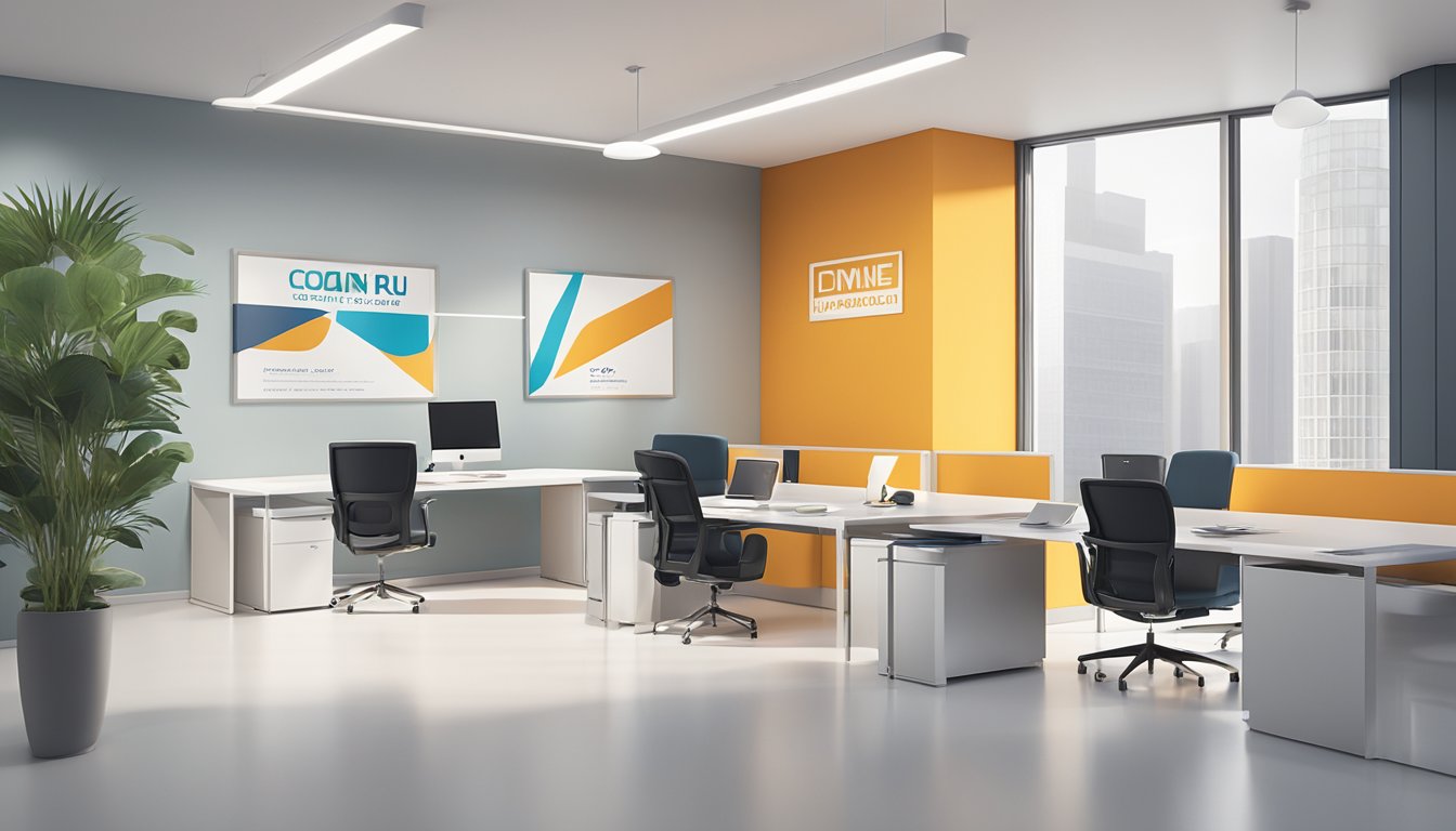 A clean, modern office space with the company's logo prominently displayed on the wall, using the brand's colors and typography as outlined in the style guide