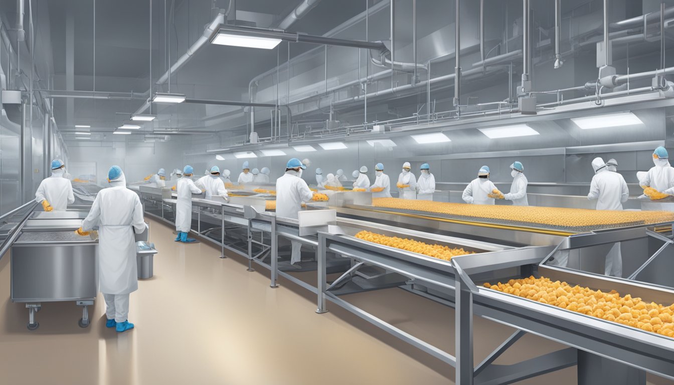 A modern, sterile chicken processing facility with conveyor belts, automated machines, and workers in protective gear ensuring safe and hygienic production