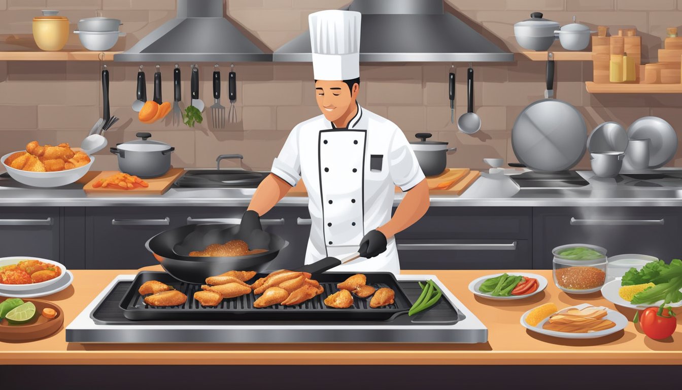 A chef is seasoning and grilling various chicken brands on a sizzling hot pan. Ingredients and utensils are neatly arranged on the kitchen counter
