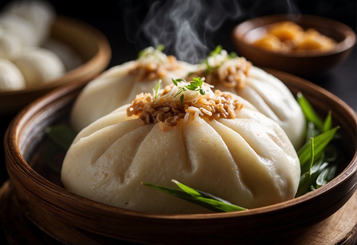 A bamboo steamer filled with steaming Chinese minced pork buns