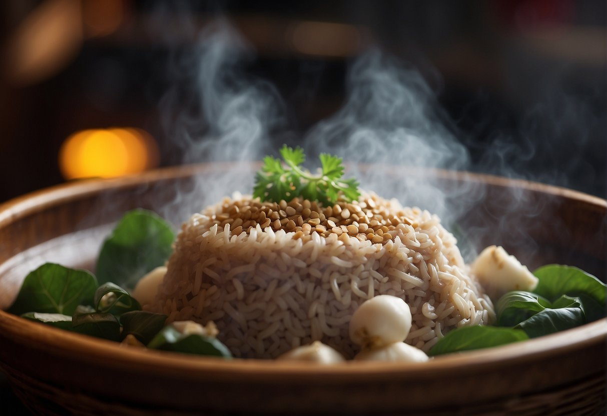 A steaming bamboo basket filled with freshly steamed minced pork, ginger, and garlic, emitting a tantalizing aroma
