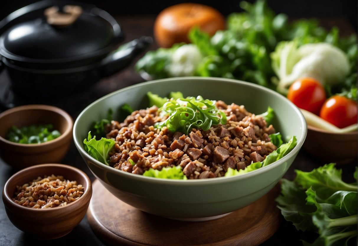 A bowl of seasoned minced pork sits next to a steamer basket lined with lettuce leaves, ready to be steamed. Green onions and ginger are arranged neatly on top of the pork