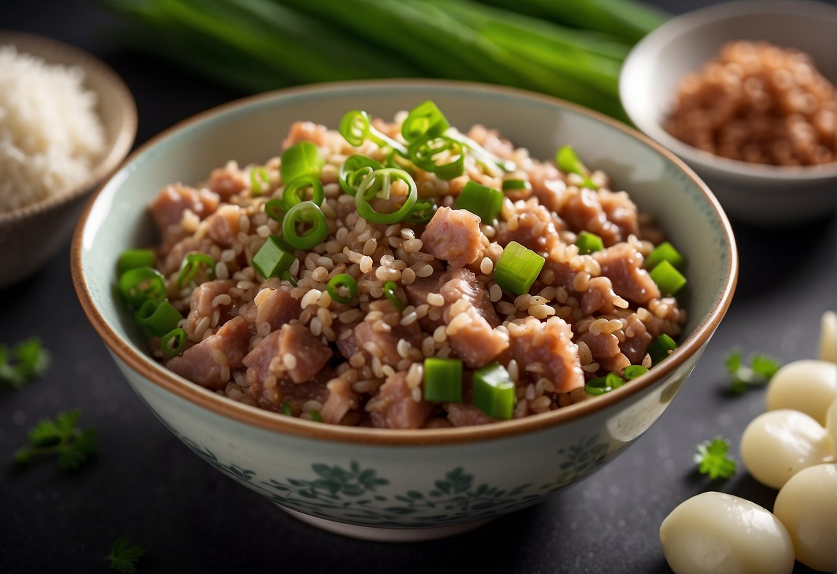 Minced pork and seasonings mixed in a bowl. Placed in a steamer and cooked until firm. Garnished with green onions