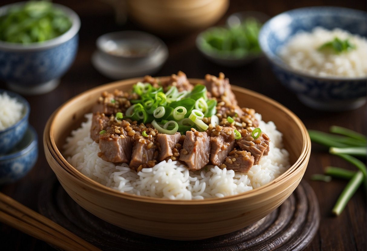 A steaming bamboo basket filled with savory Chinese steamed minced pork, garnished with fresh green onions and served alongside fluffy white rice