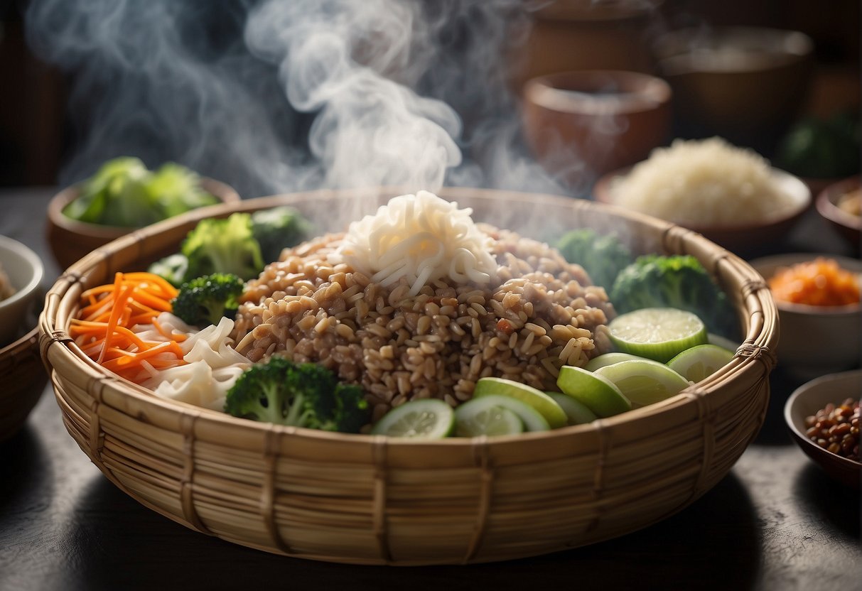 A steaming bamboo basket filled with savory Chinese minced pork, surrounded by traditional ingredients and utensils