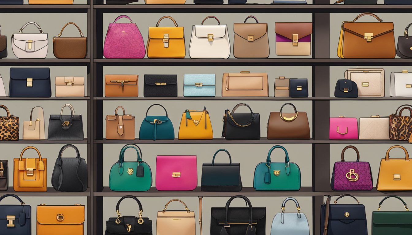 Several iconic designer purse brands displayed on a sleek, modern shelf in a high-end boutique. The purses are arranged neatly, showcasing their luxurious craftsmanship and recognizable logos